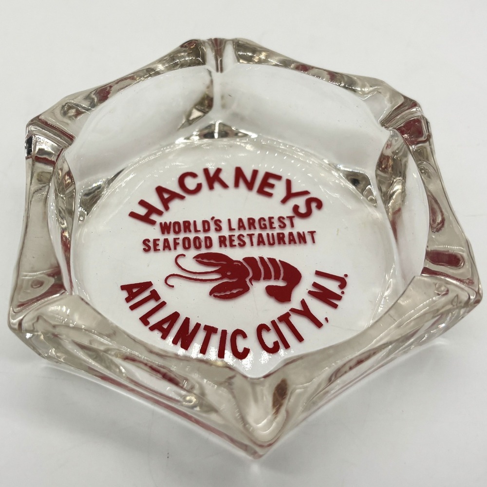 Vtg Hackneys Seafood Restaurant Glass Ashtray Clear Red Atlantic City Nostalgia